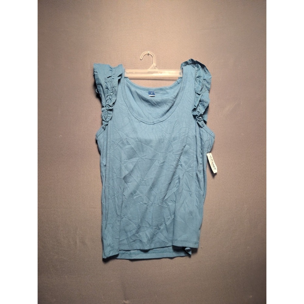 Old Navy Ribbed Tank Top Womens Medium Blue Scoop Neck Ruffle Sleeve Pullover